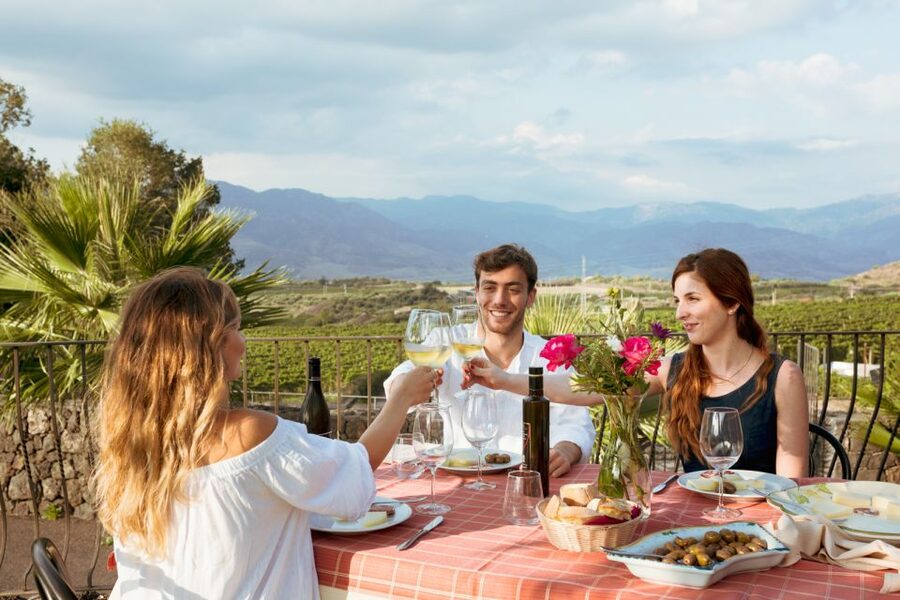 From Taormina: Mount Etna Food and Wine Tasting Tour - Your tasting bites: cheese, salami, artichokes, and five wine glasses